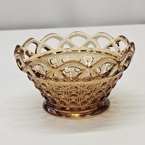 Vintage Imperial Glass Golden Amber Glass Bowl Button Weave Lattice Top 3" Retro
